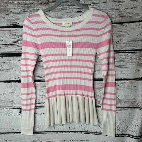 🏷️NWT Anthropologie Maeve XS Slim Peplum Hem Sweater Pink‎ White Striped $118